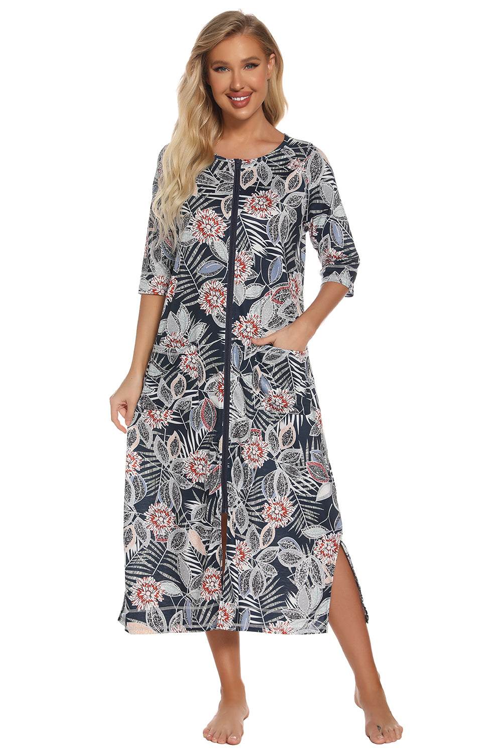 Printed Slit Night Dress with Pockets