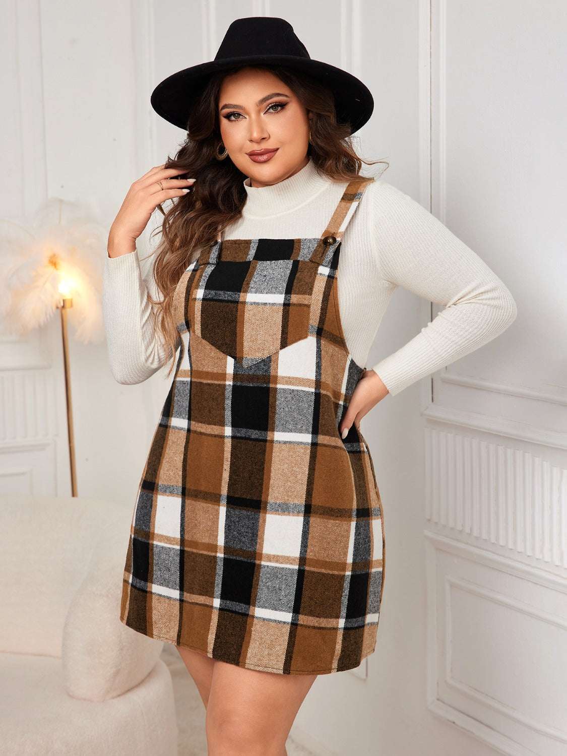 Honey Plus Size Plaid Wide Strap Overall Dress Caramel