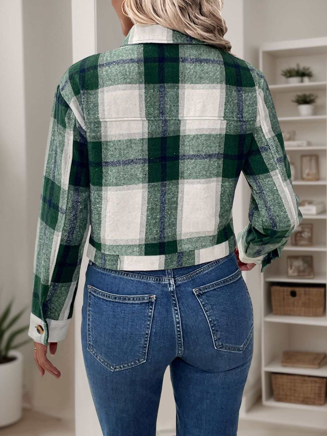 Perfee Color Block Button Up Jacket with green plaid pattern, buttoned and pocketed design, 100% polyester material.