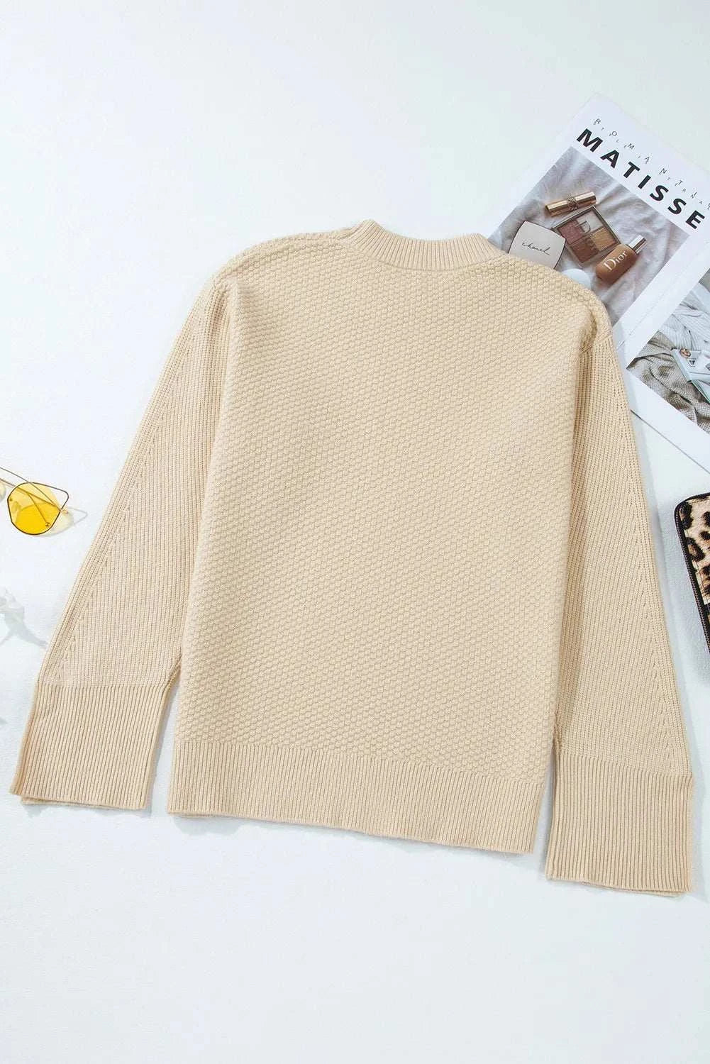 Textured Round Neck Long Sleeve Sweater Beige