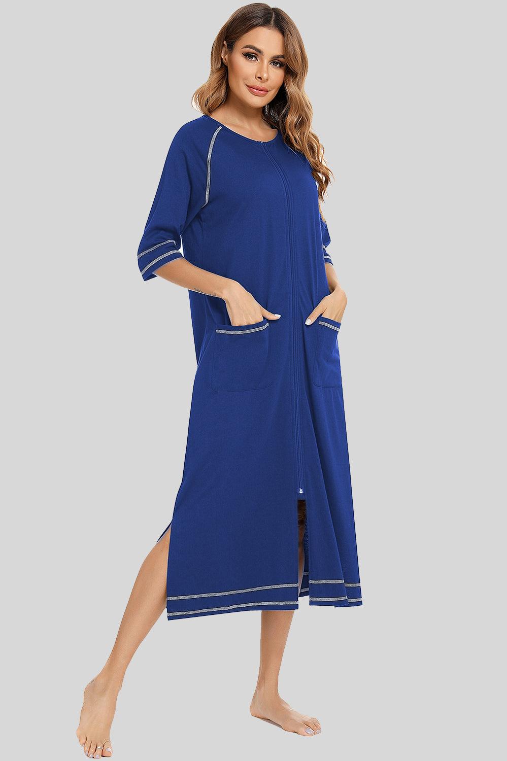 Zip Up Slit Round Neck Night Dress with Pockets in blue, slightly stretchy cotton blend, knee-length.