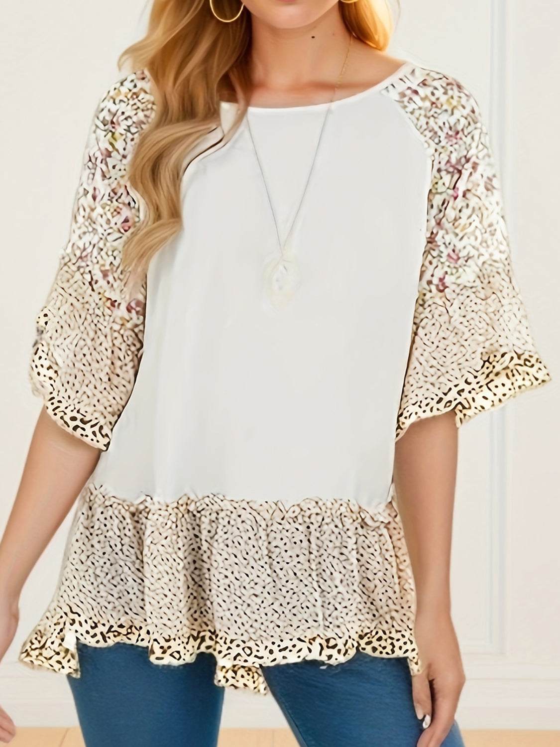 Full size frill printed round neck half sleeve blouse in polyester, opaque, no stretch.