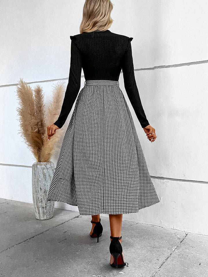 Honey Ribbed Round Neck Long Sleeve Tie Waist Midi Dress