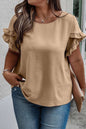 Plus size ruffled petal sleeve round neck T-shirt in beige.