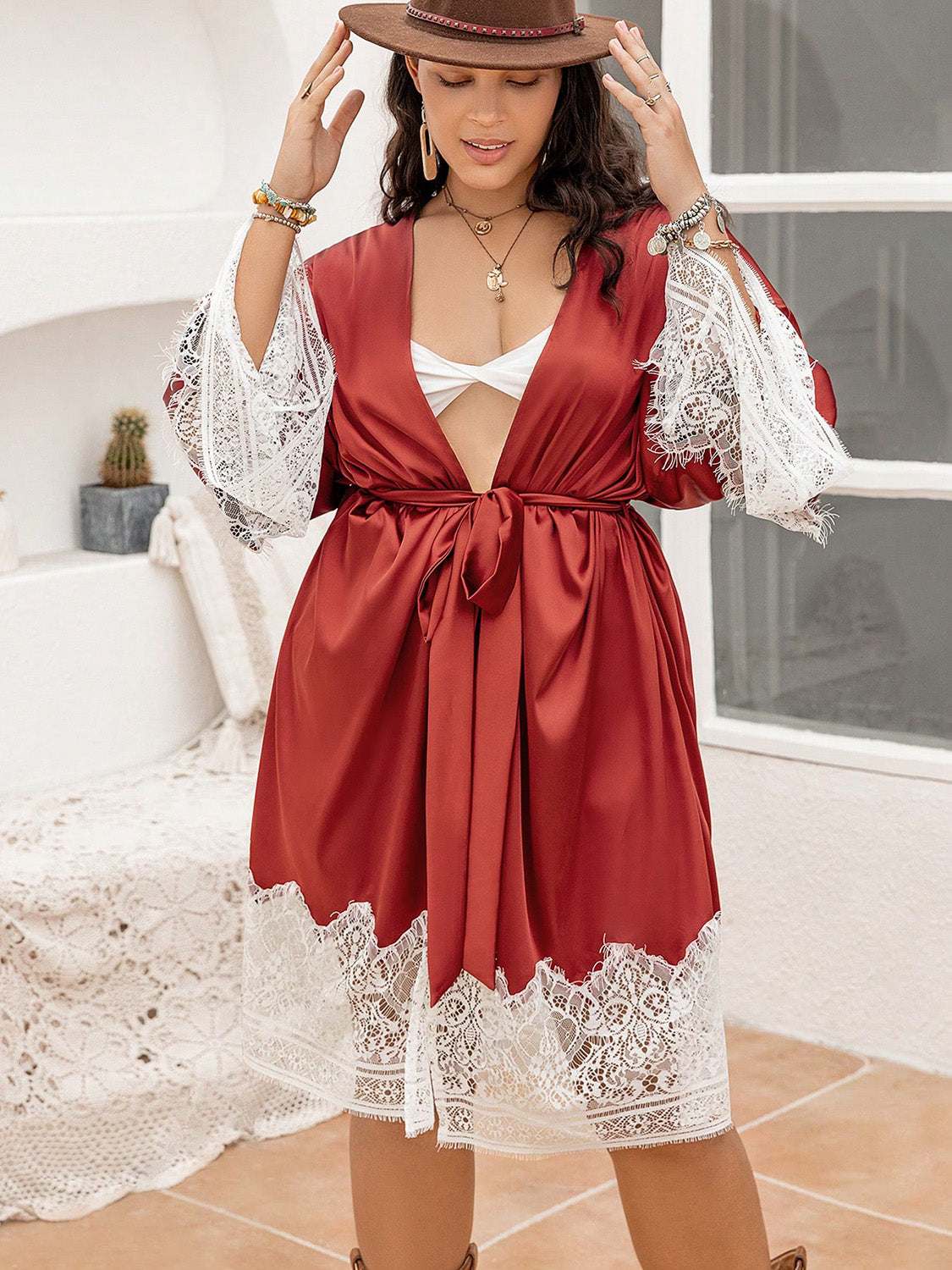 Plus Size Lace Patchwork Tie Front Robe in red with semi-sheer lace trim.