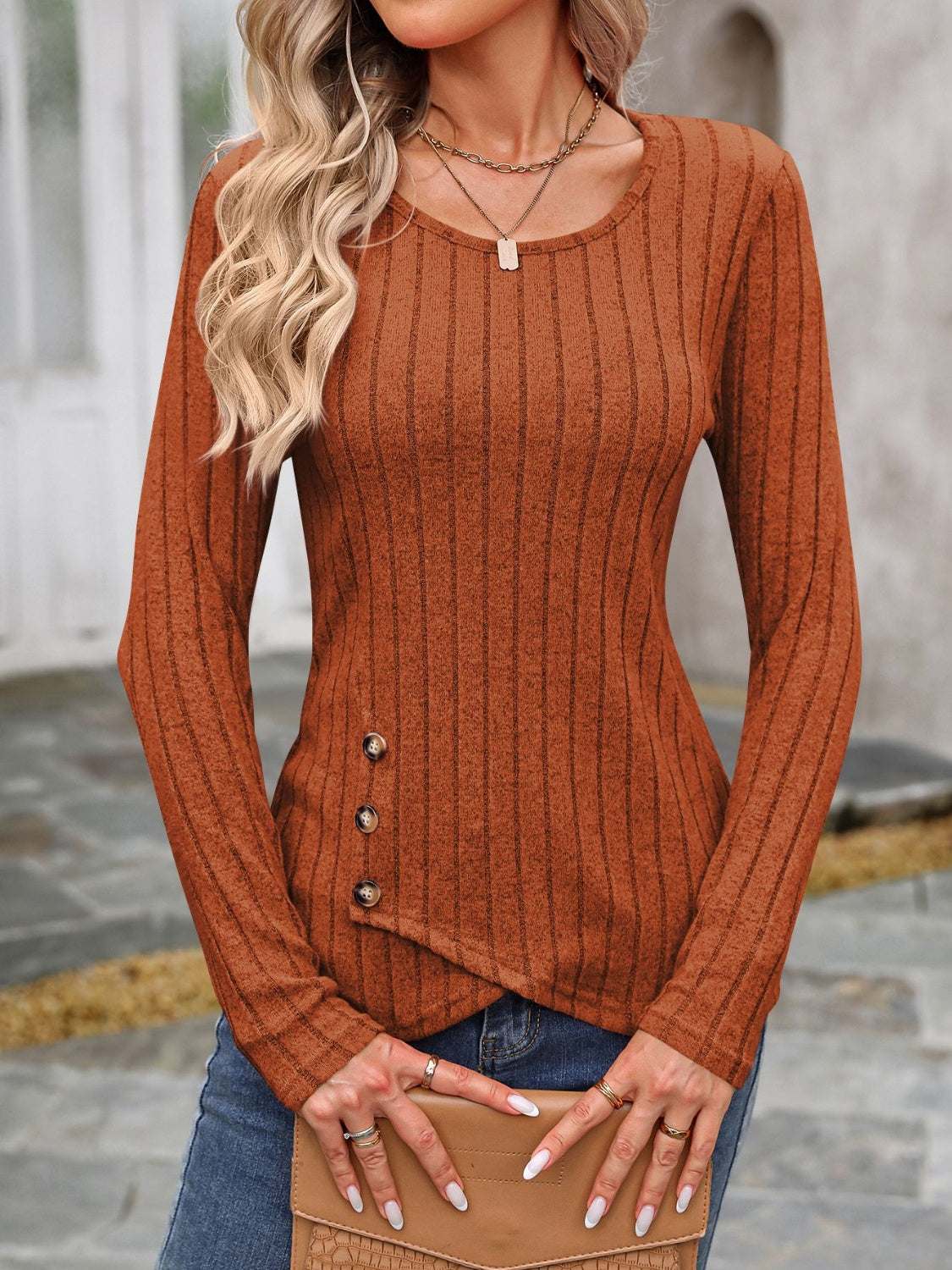 Decorative Button Round Neck Long Sleeve T-Shirt Caramel