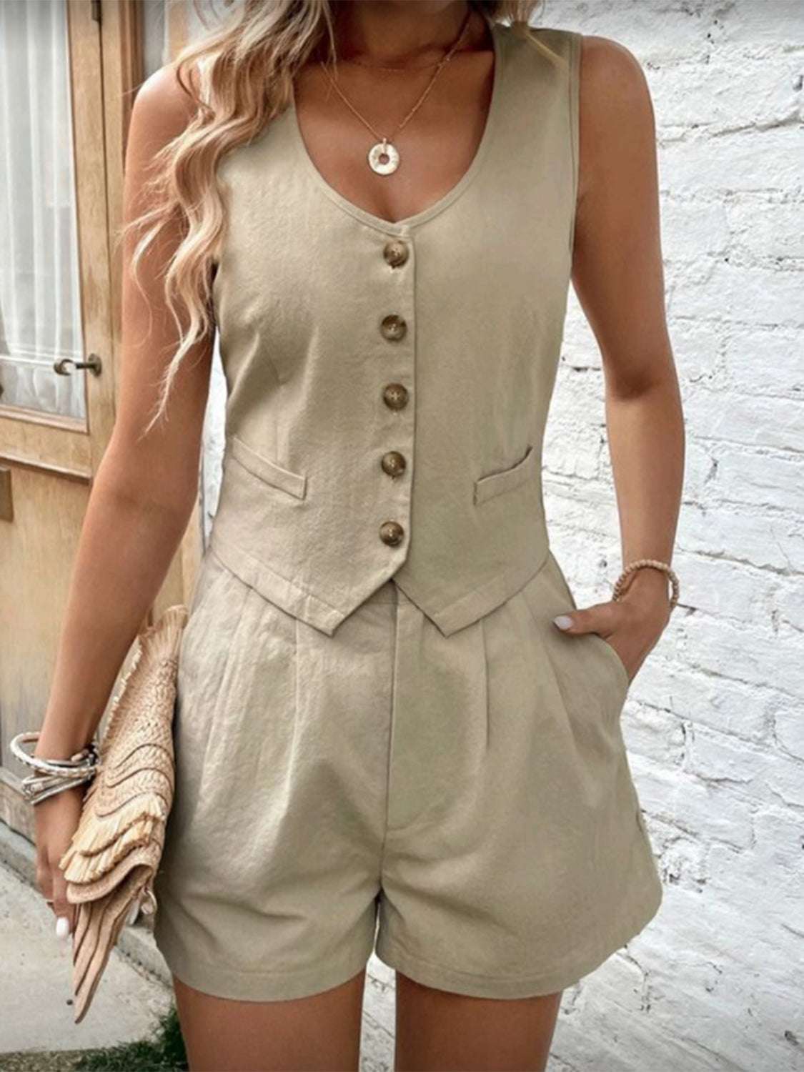 Scoop neck sleeveless top and shorts set with buttons and pockets, 100% cotton.