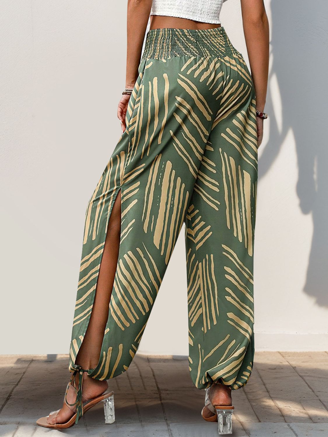 Perfee Smocked Slit Printed High Waist Pants