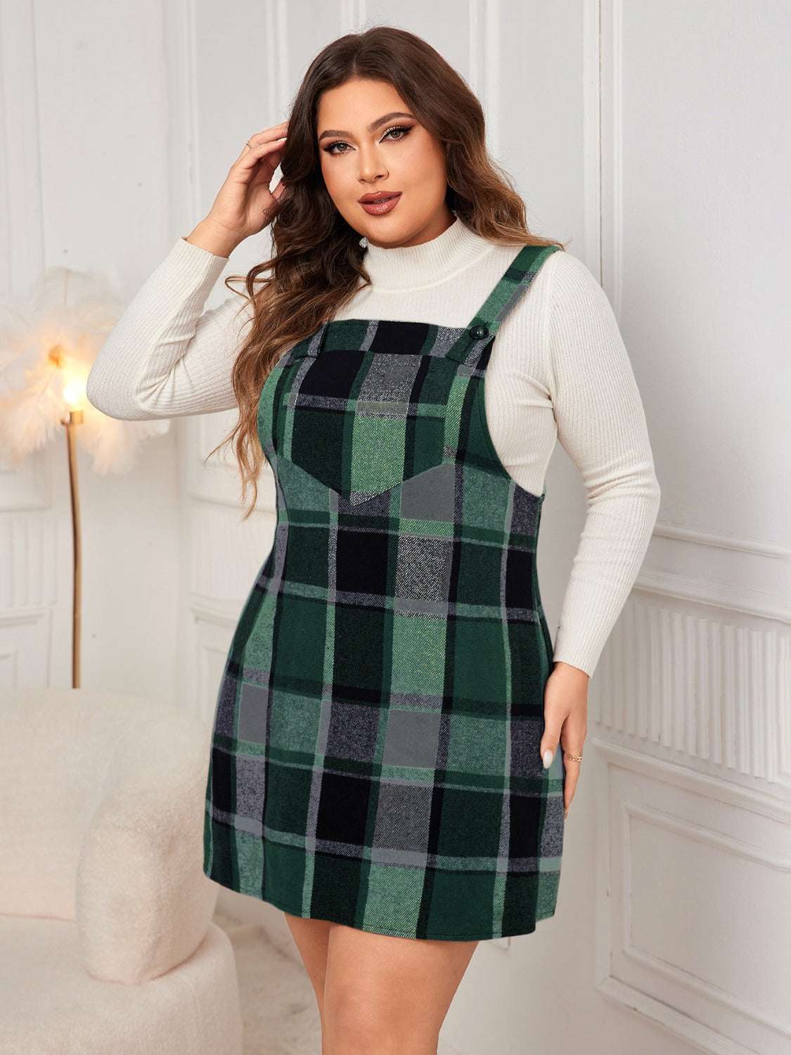 Honey Plus Size Plaid Wide Strap Overall Dress Dark Geen