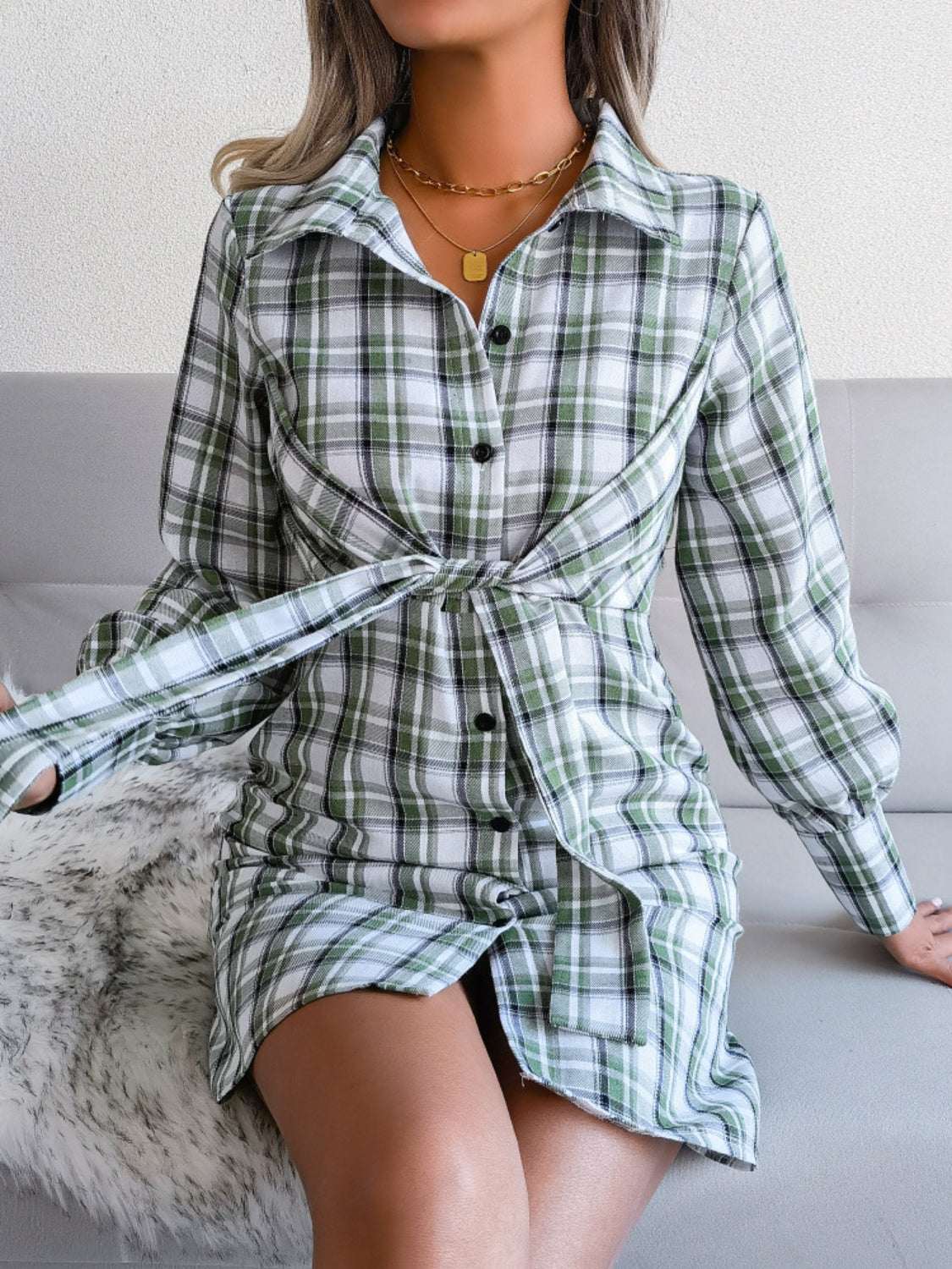 Tied Plaid Long Sleeve Mini Shirt Dress Green