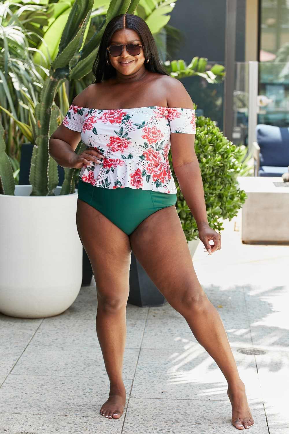 Marina West Swim Coastal Cutie Tankini Swimsuit Set in floral pattern with off-shoulder top and green high-waisted bottoms, perfect for summer beachwear.