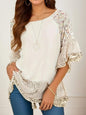 Full size frill printed round neck half sleeve blouse in white.