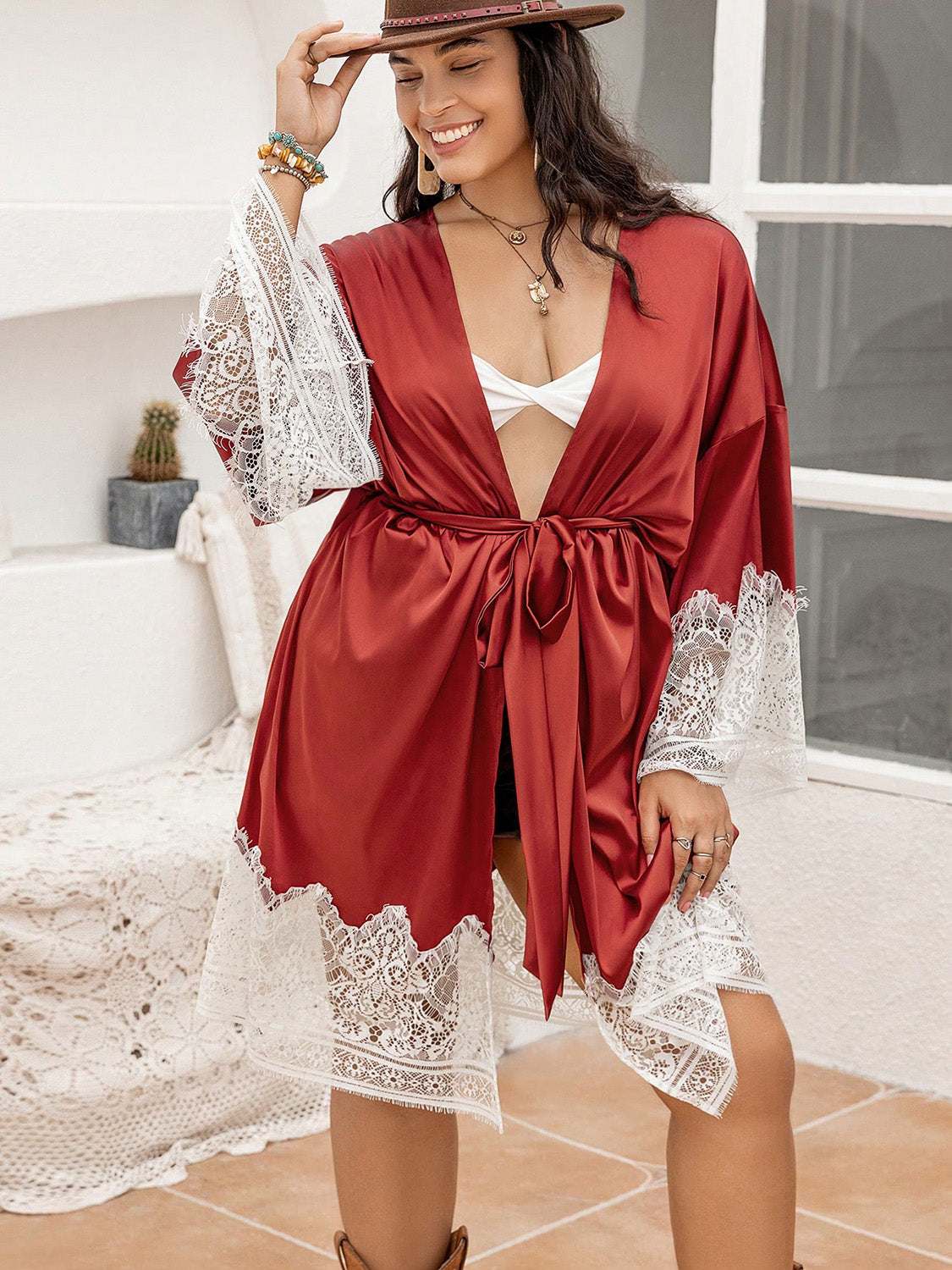 Plus size lace patchwork tie front robe, semi-sheer, red with white lace trim.