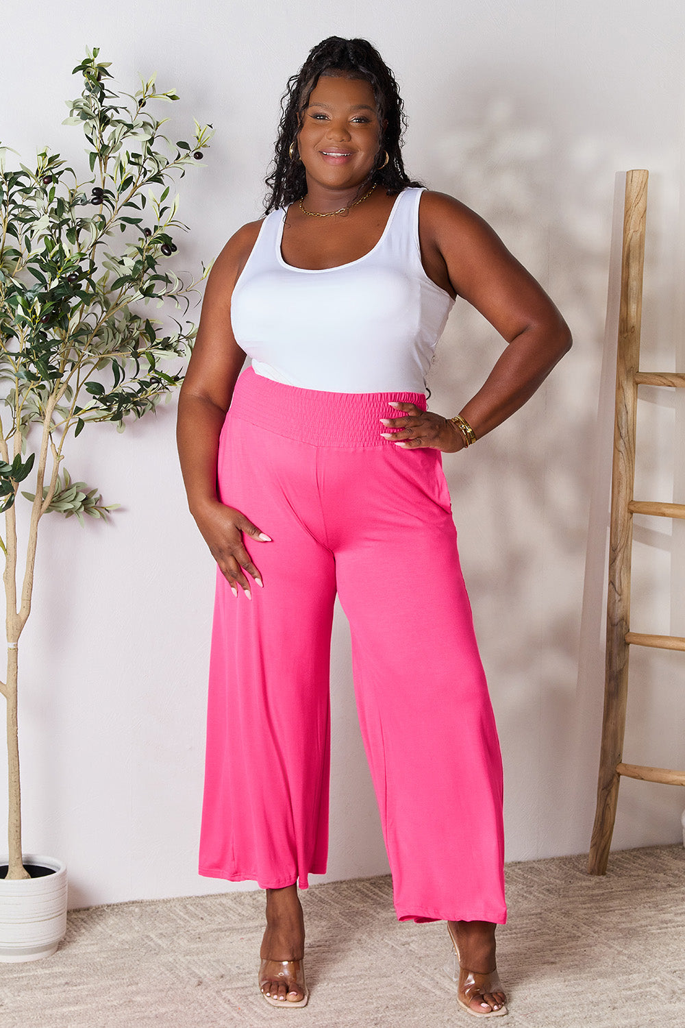 Basic Bae Full Size Smocked Wide Waistband Wide Leg Pants