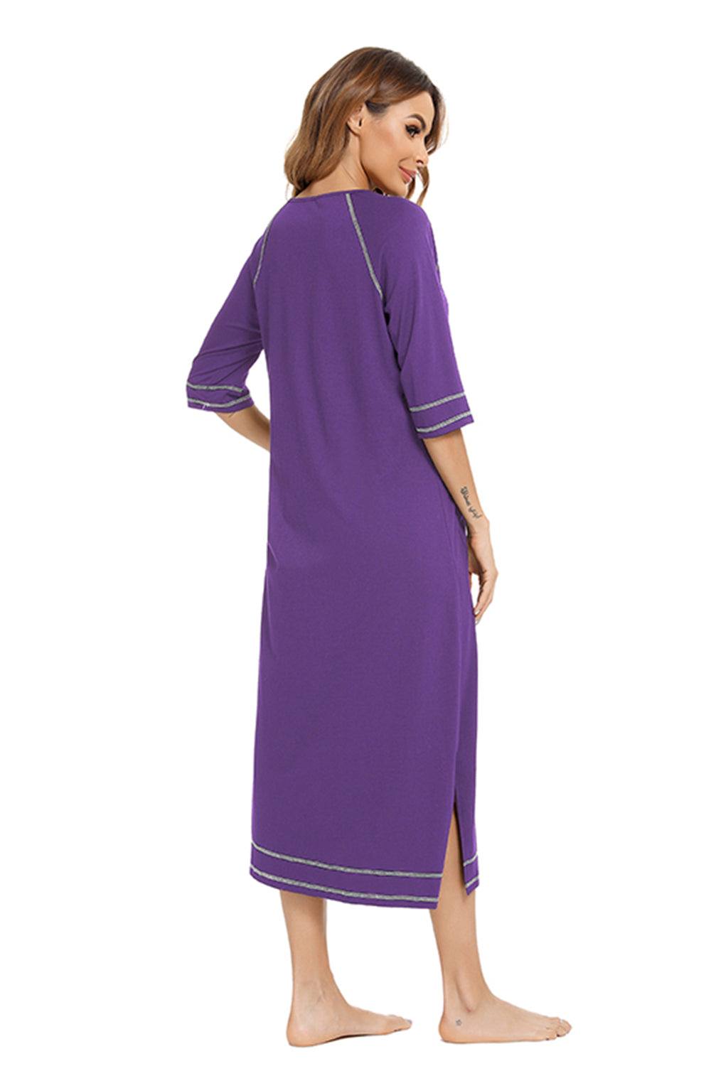 Purple slit round neck night dress with pockets, slightly stretchy fabric.