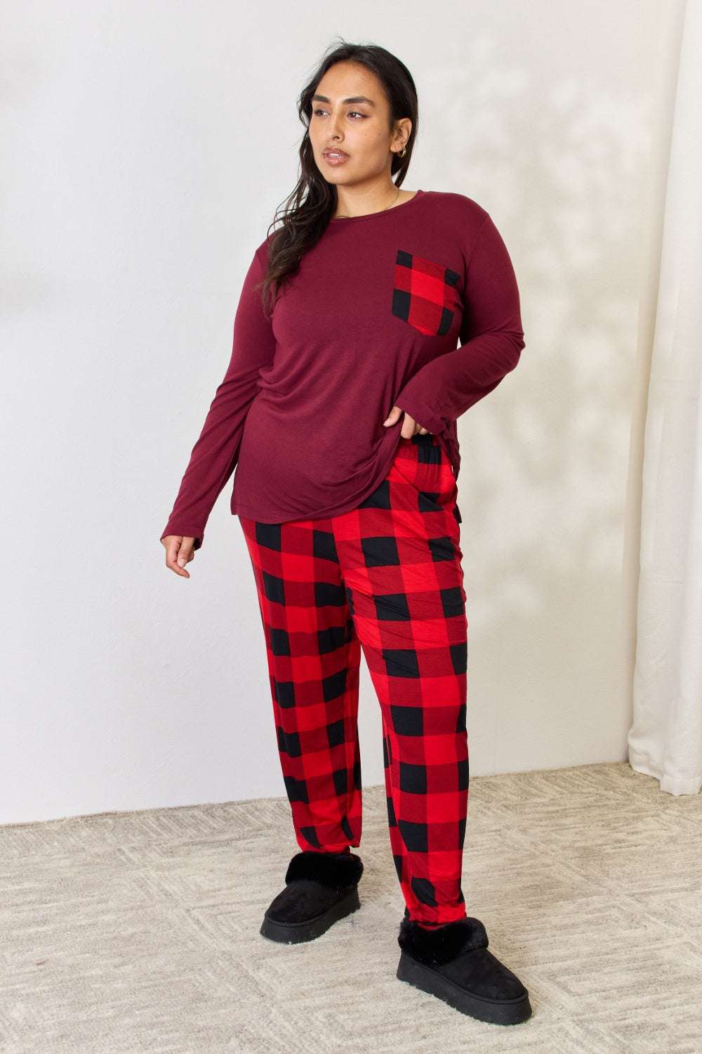 Zenana Full Size Plaid Round Neck Top and Pants Pajama Set with front pocket and drawstring waist.