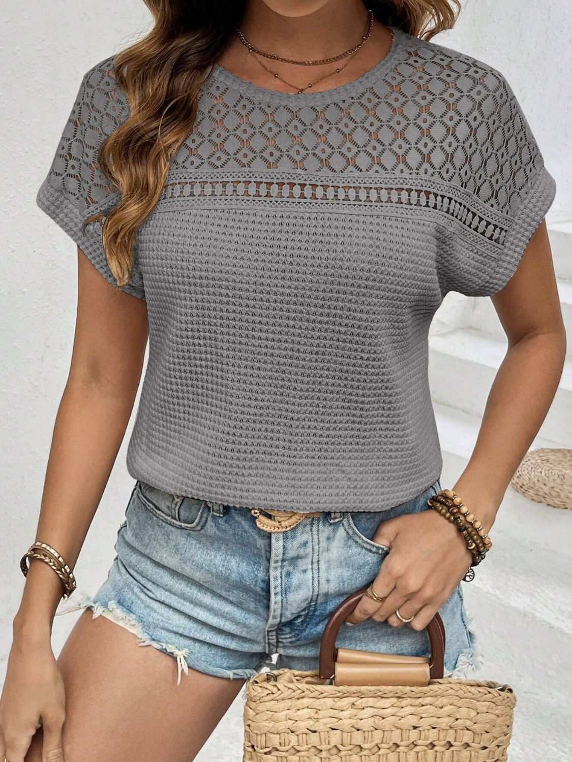 Waffle-Knit Round Neck Short Sleeve Top with Lace Detail in Gray