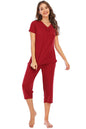 V-Neck Short Sleeve Lounge Set in Red - Two-piece with Stretchy Material