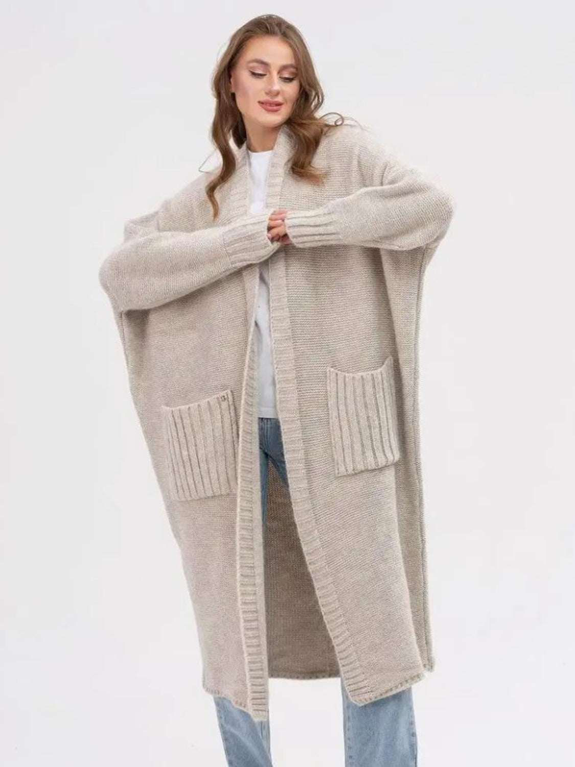 Pocketed Open Front Long Sleeve Longline Cardigan