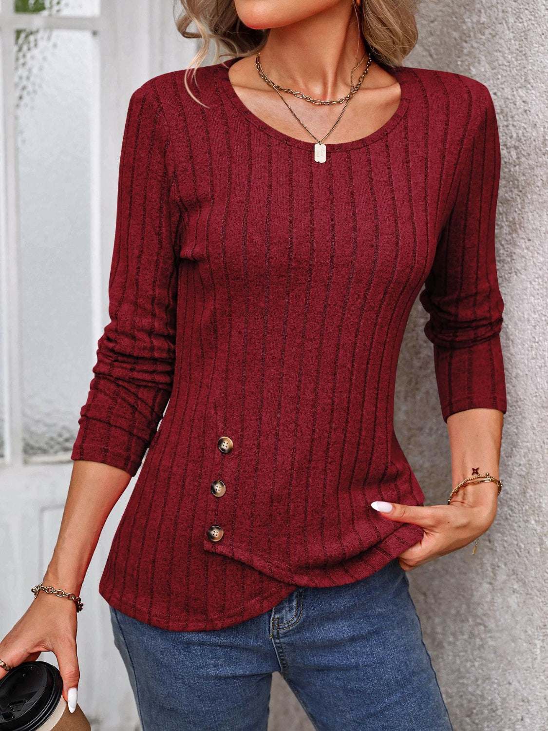 Decorative Button Round Neck Long Sleeve T-Shirt Burgundy 