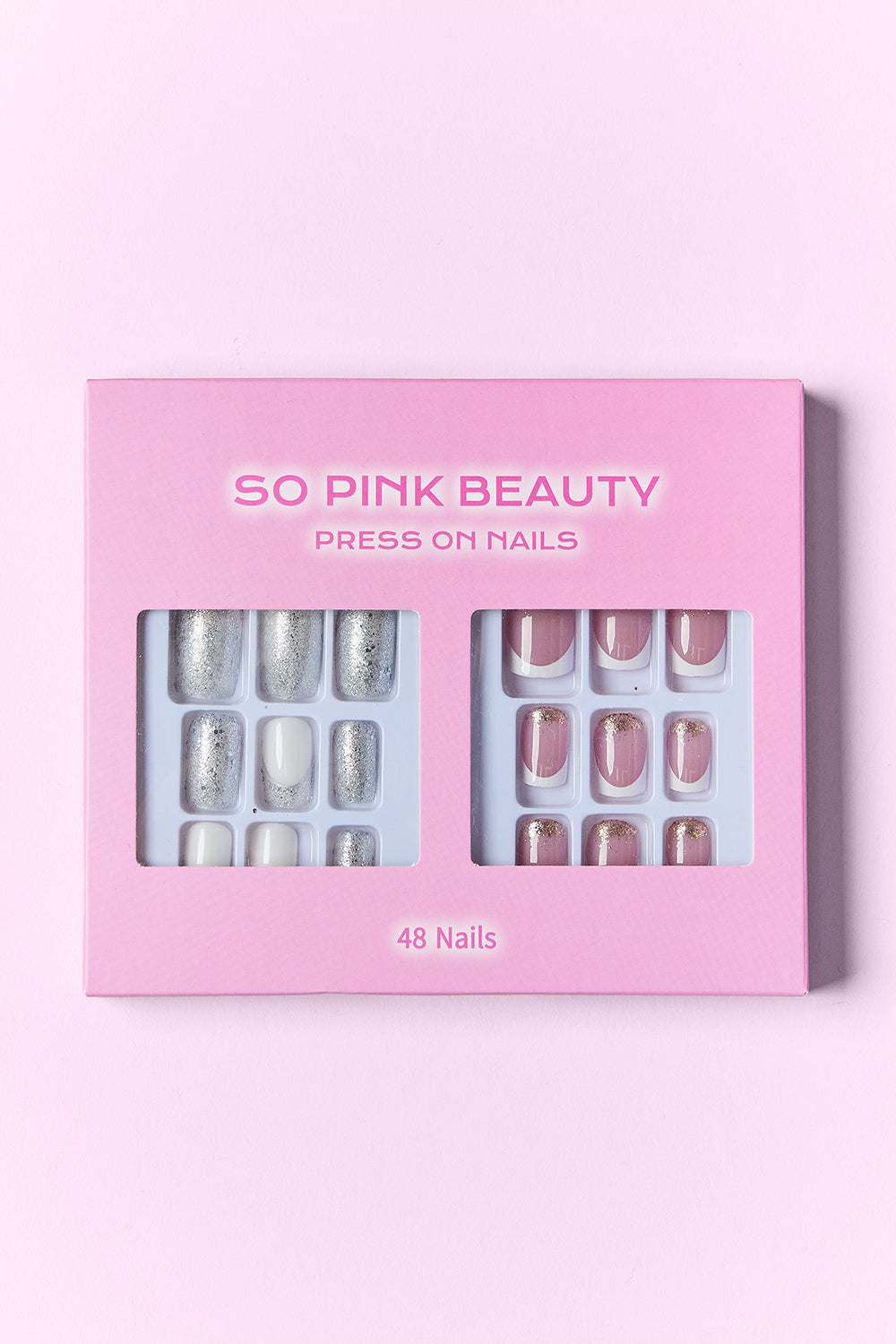 SO PINK BEAUTY Press On Nails Two Pack with 48-piece set in pink and silver designs.