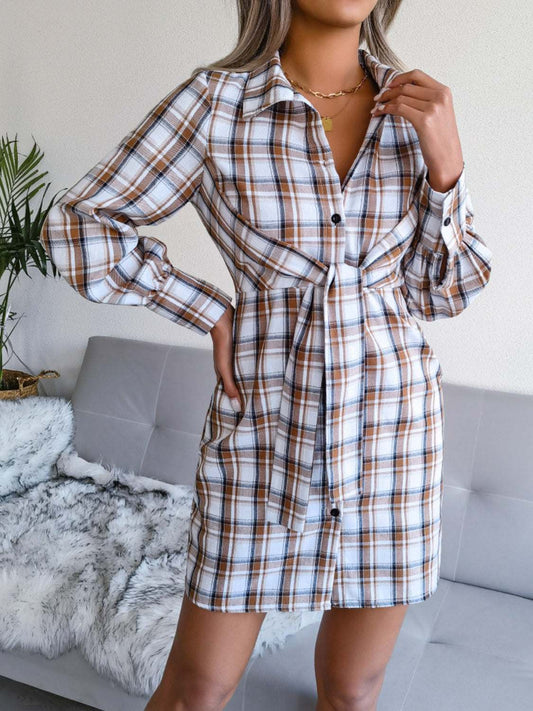 Tied Plaid Long Sleeve Mini Shirt Dress Camel