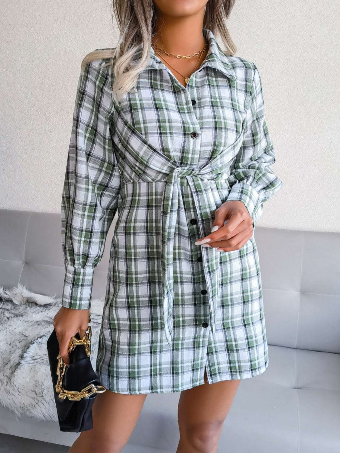 Tied Plaid Long Sleeve Mini Shirt Dress Green