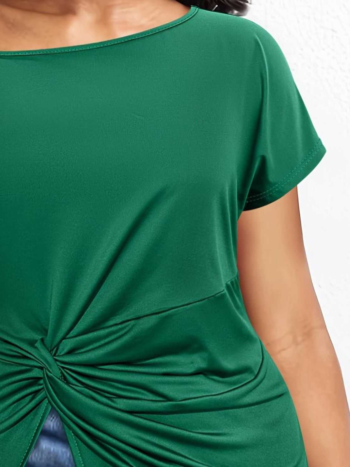 Plus size green twisted asymmetrical neck short sleeve t-shirt.