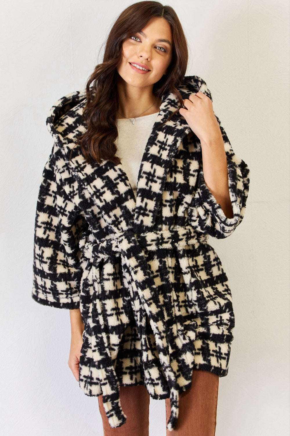 Cozy plaid hooded robe cardigan with waist tie for customizable fit.