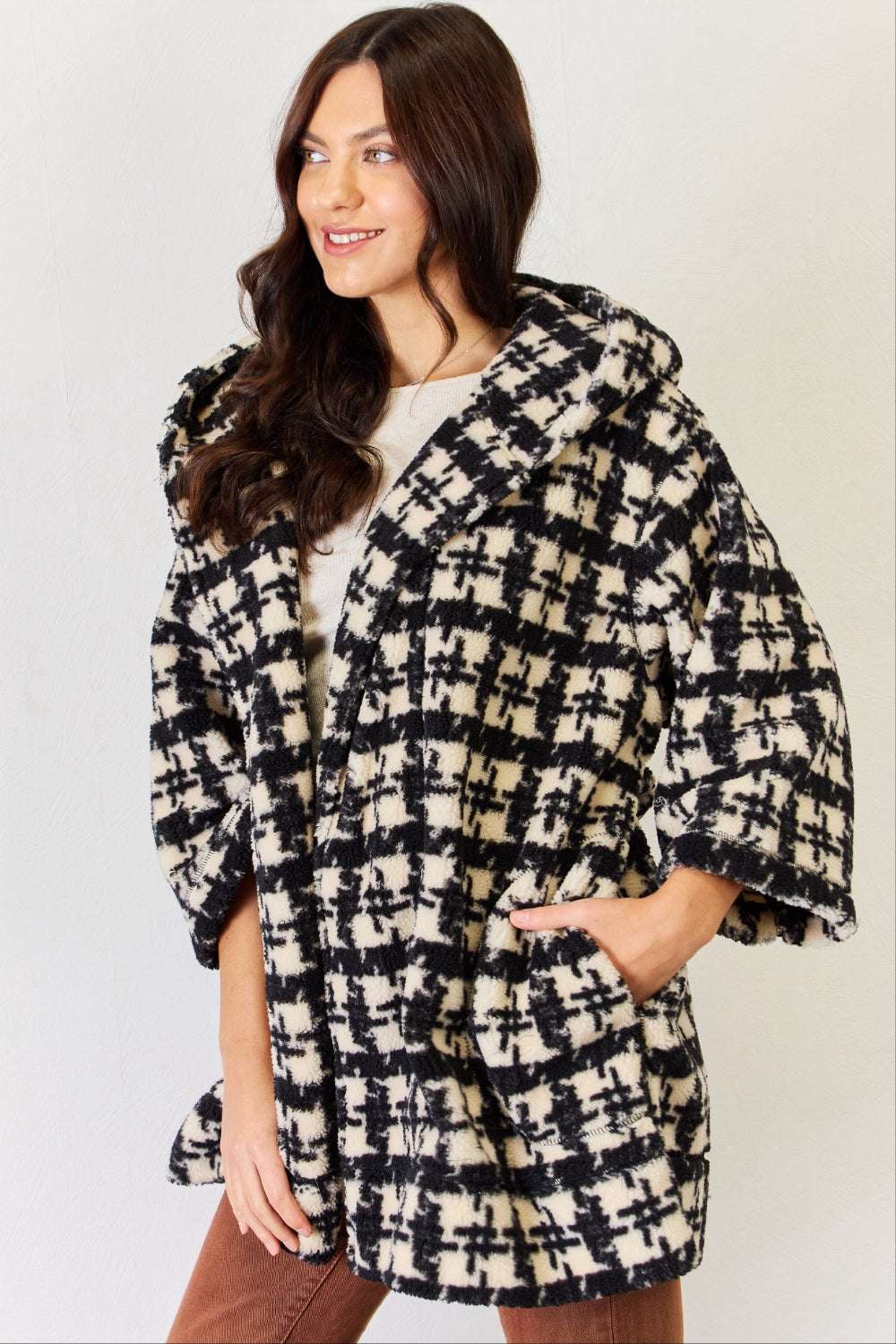 NNA Fuzzy Plaid Waist Tie Hooded Robe Cardigan for women, cozy plaid design, worn by model.