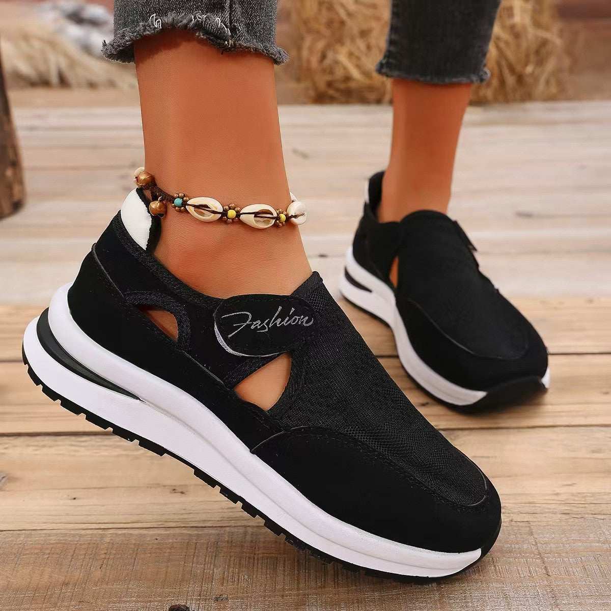 Mesh Round Toe Platform Sneakers with mid heels, black rubber and PU leather design, ideal for casual style.