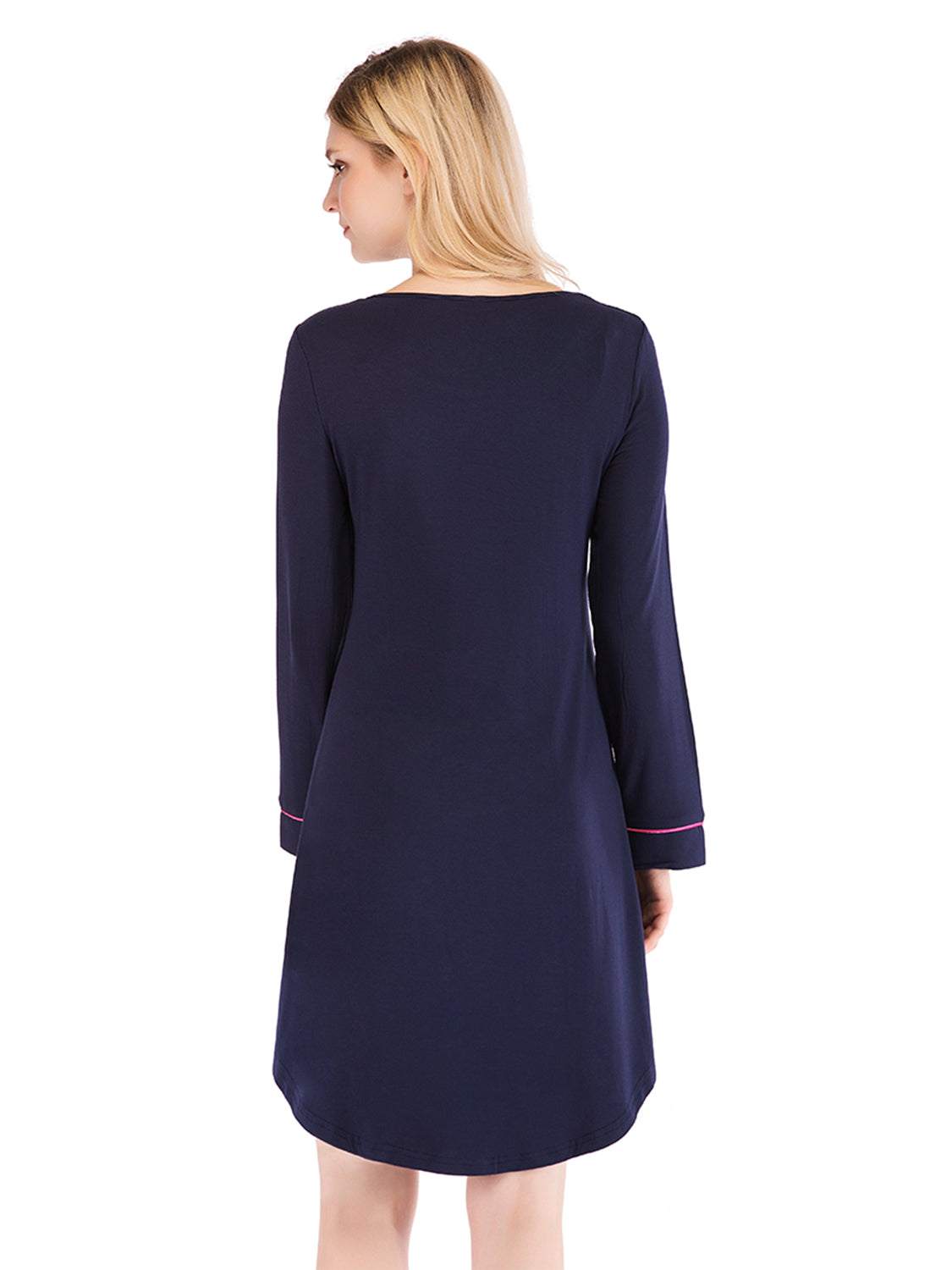 Round neck night dress with pocket in navy blue, long sleeves, slightly stretchy fabric.