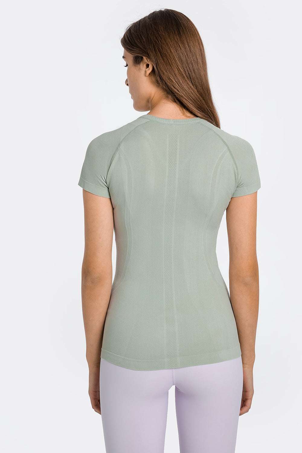 Millennia Round Neck Short Sleeve Active T-Shirt in light green, back view.