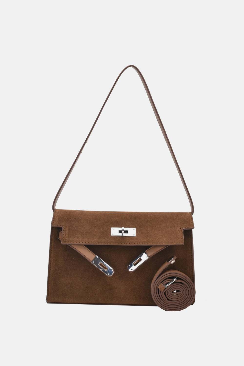 Small suede PU leather strap shoulder bag, brown, imported.