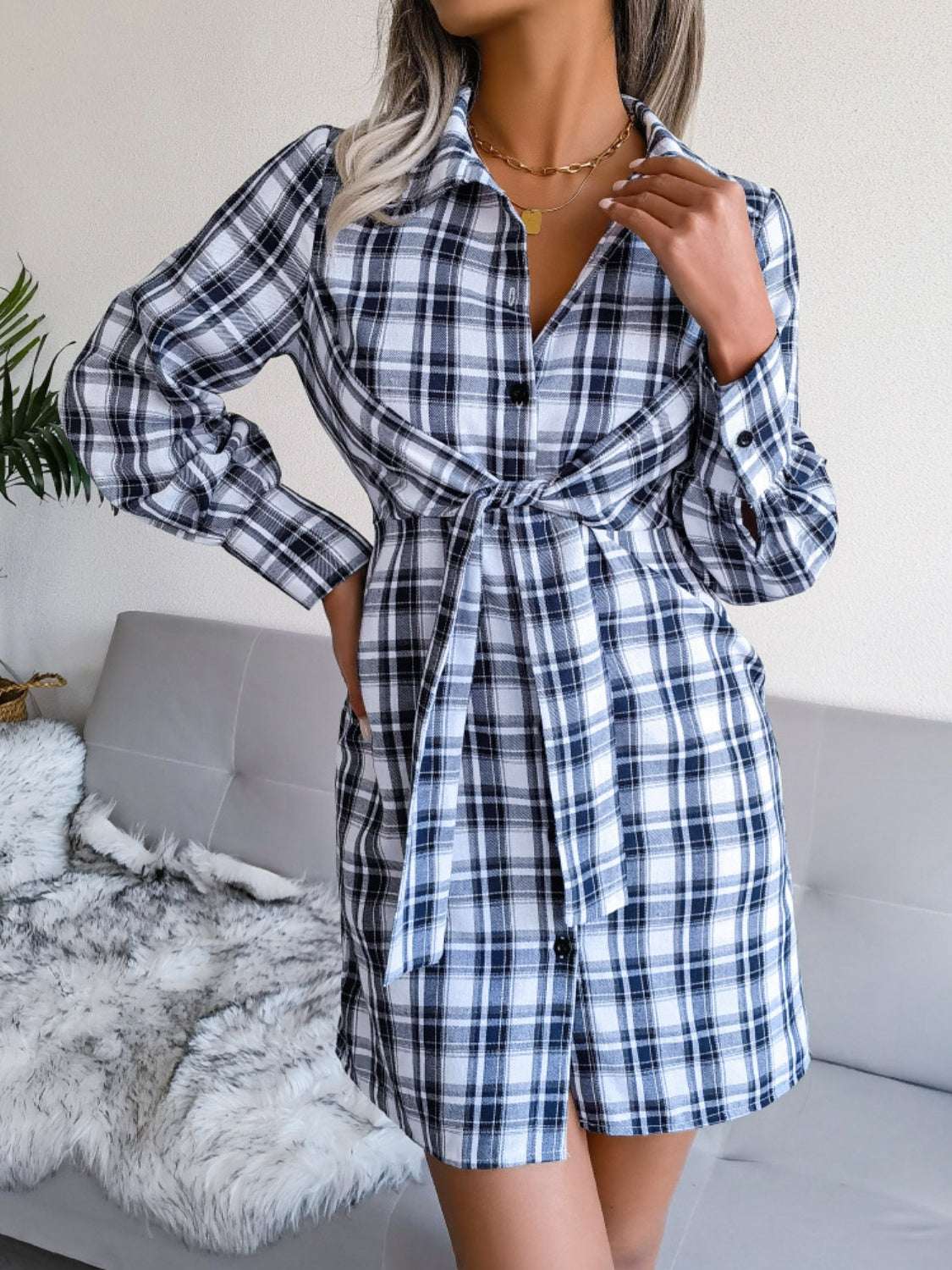 Tied Plaid Long Sleeve Mini Shirt Dress Royal Blue