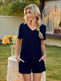 V-Neck short sleeve top and pocketed shorts lounge set in navy blue.