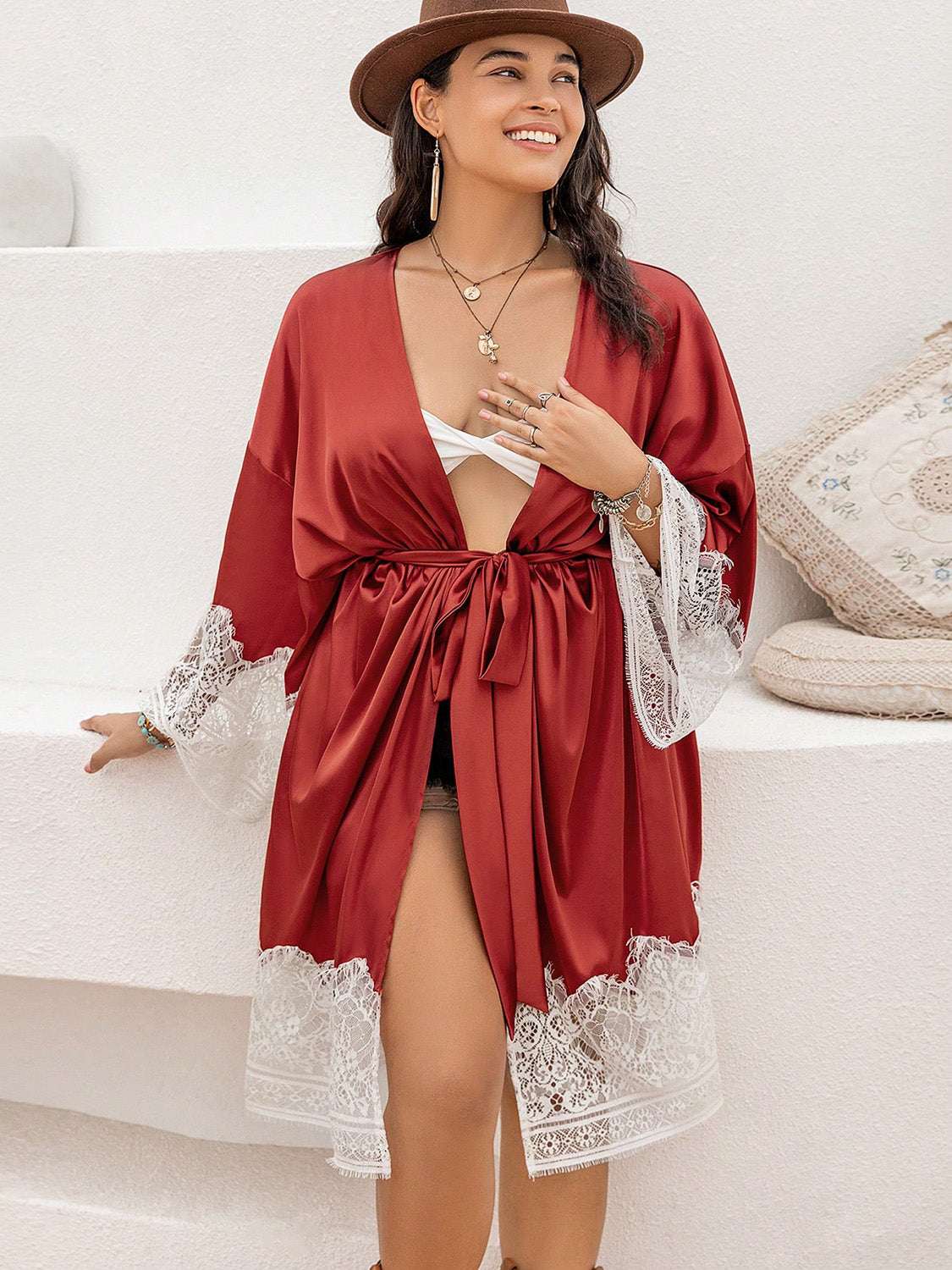 Plus size lace patchwork tie front robe in red, semi-sheer, no stretch, 90% polyester, 10% elastane.