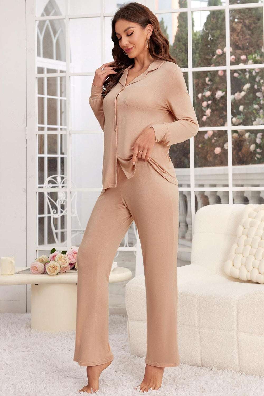 Button up long sleeve top and pants lounge set, beige, two-piece, comfortable fit.