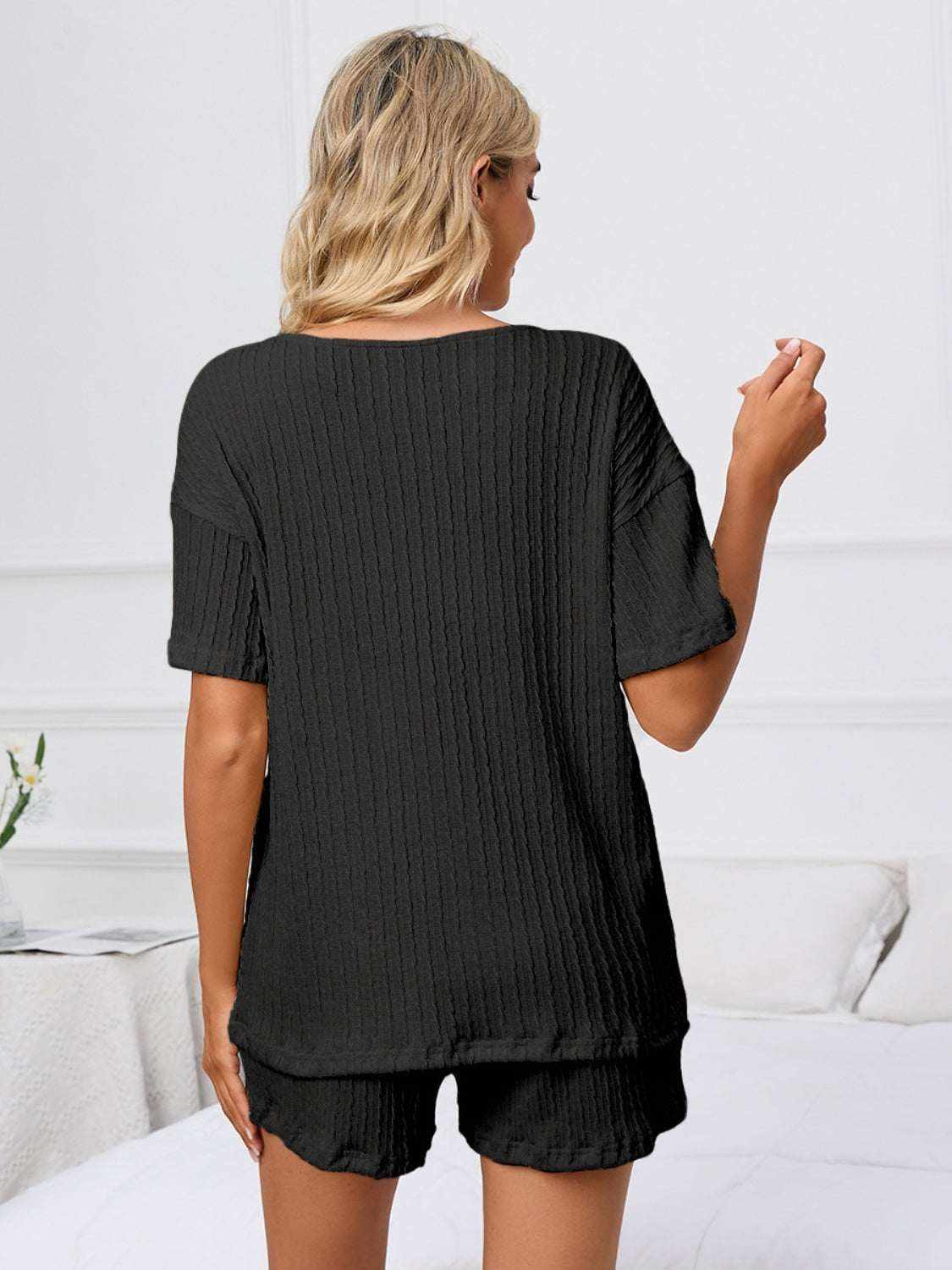 Notched short sleeve lounge set with shorts, black, basic style, slightly stretchy polyester-spandex.