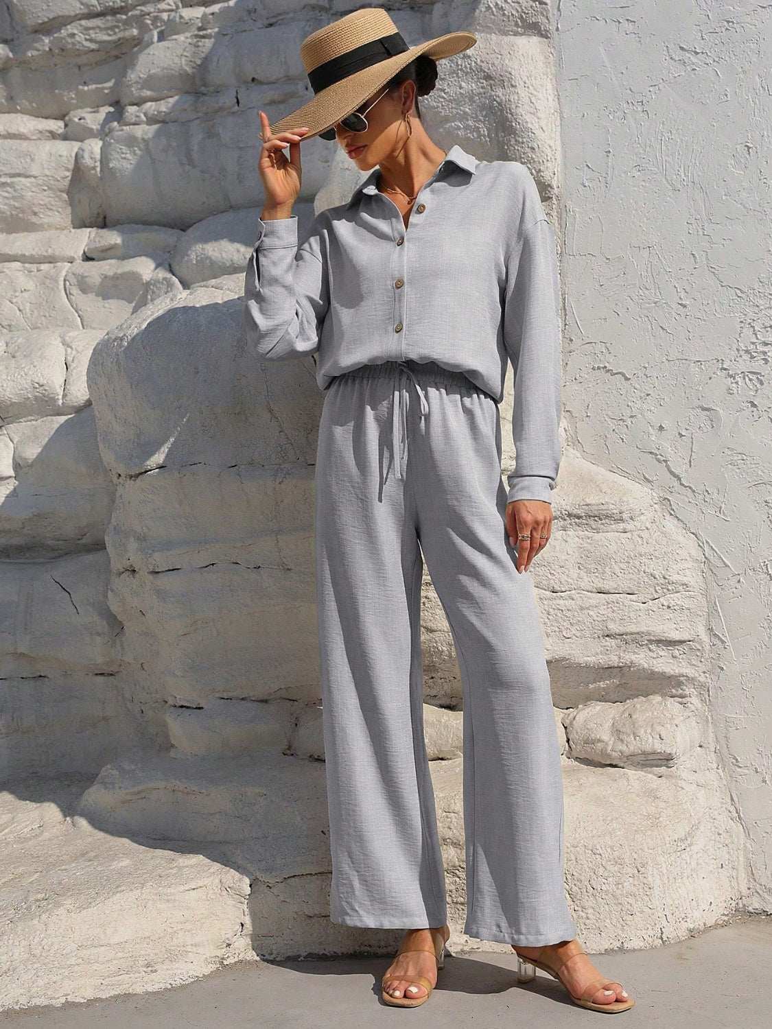 Honey Button Up Long Sleeve Top and Pants Set