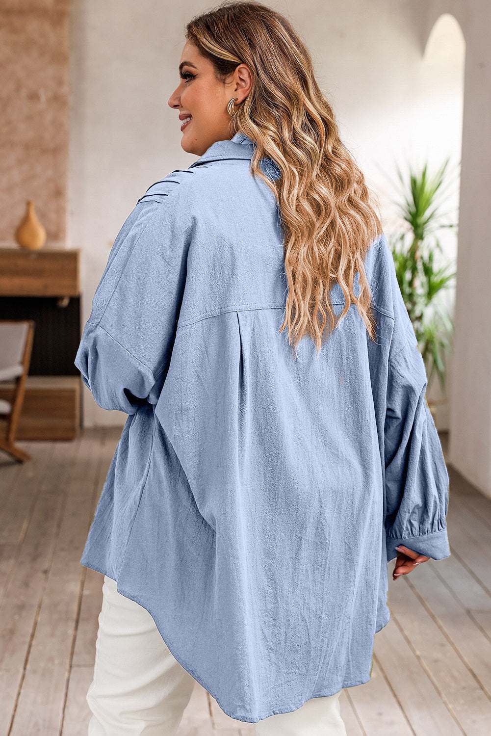 Plus Size High-Low Button Up Dropped Shoulder Shirt Light Blue