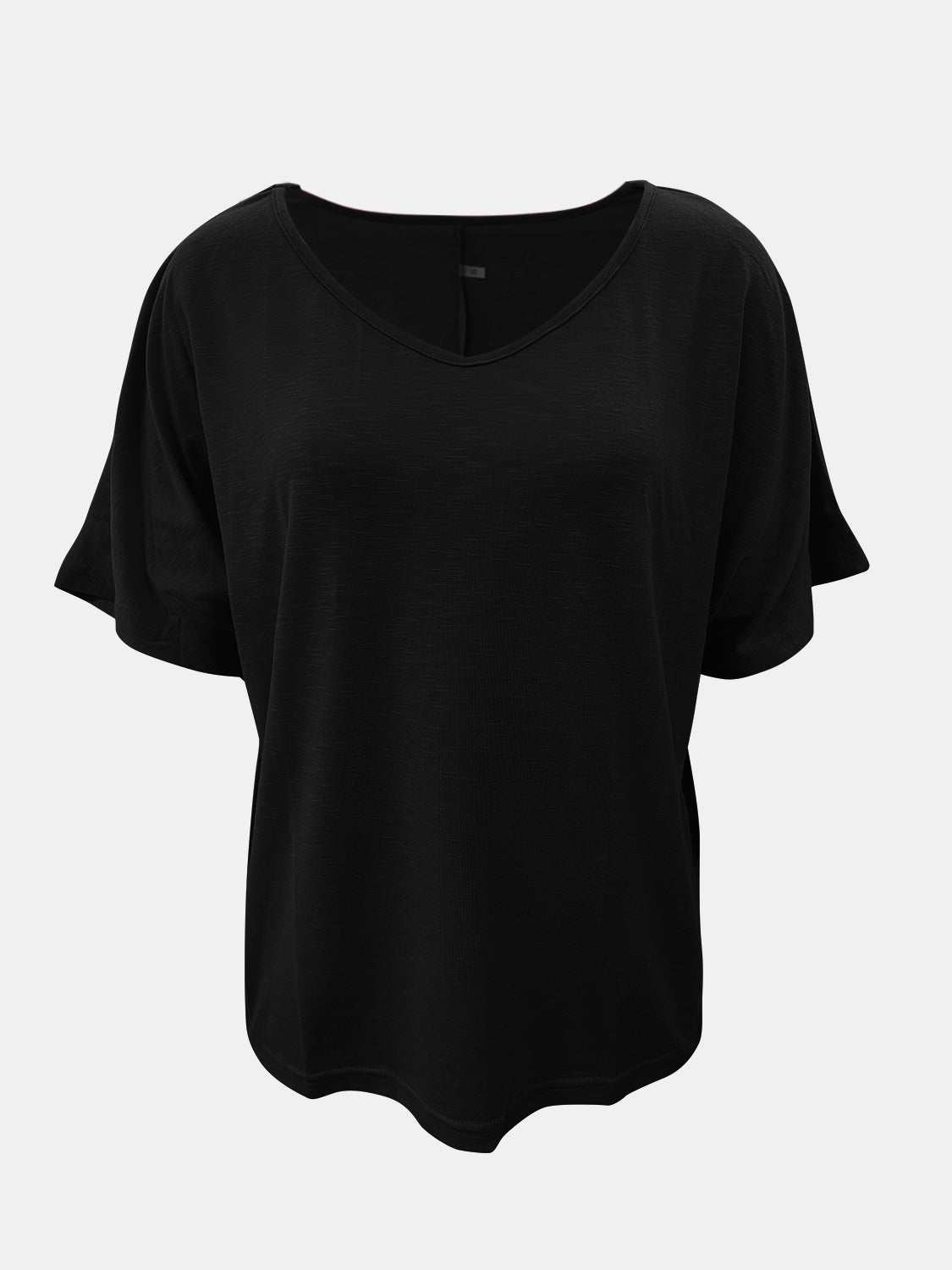 Full size scoop neck short sleeve t-shirt in black, basic style, 100% polyester.