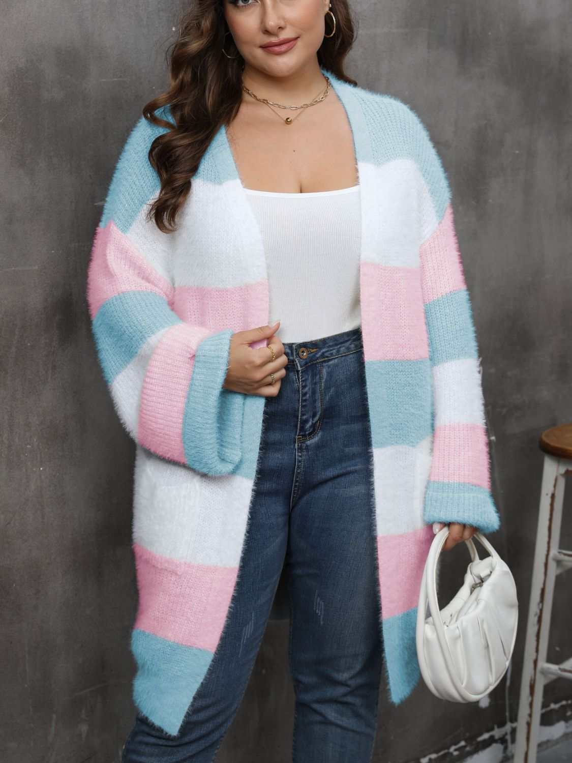 Plus size open front long sleeve cardigan in pastel stripes.