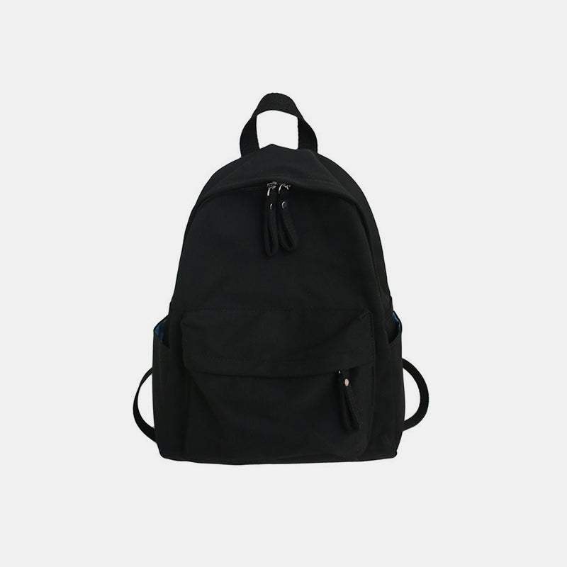 Large zip cotton backpack bag in black with adjustable straps.