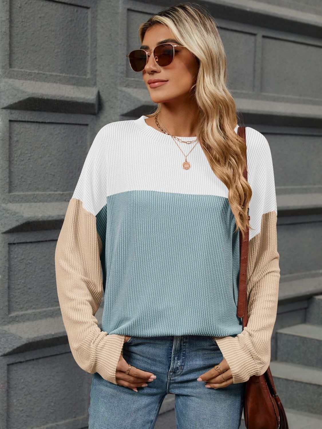 Double Take Contrast Round Neck Long Sleeve T-Shirt Light Blue