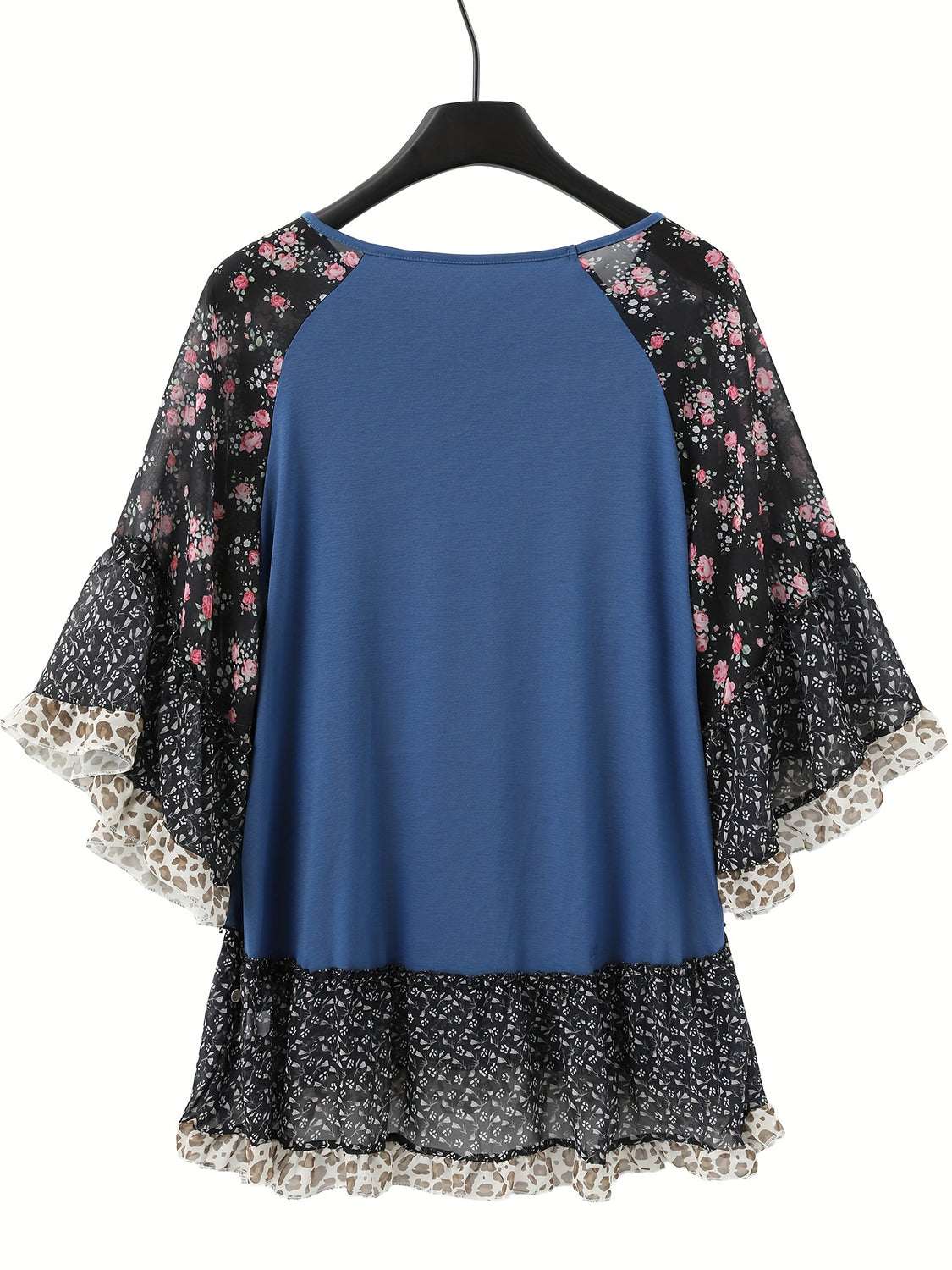 Full size frill printed round neck half sleeve blouse in polyester fabric.