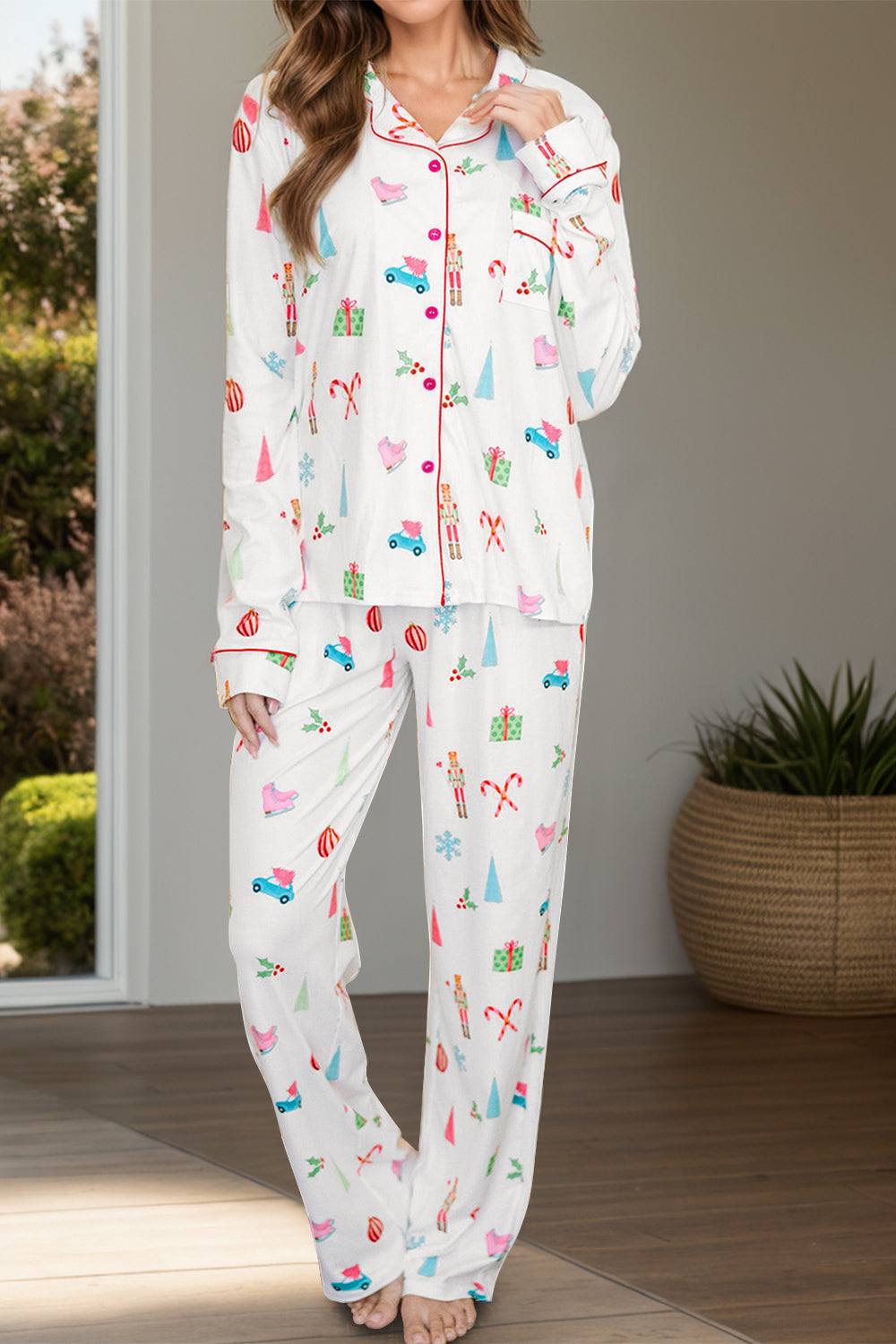 Printed collared neck long sleeve top and pants lounge set with pockets, featuring festive patterns.