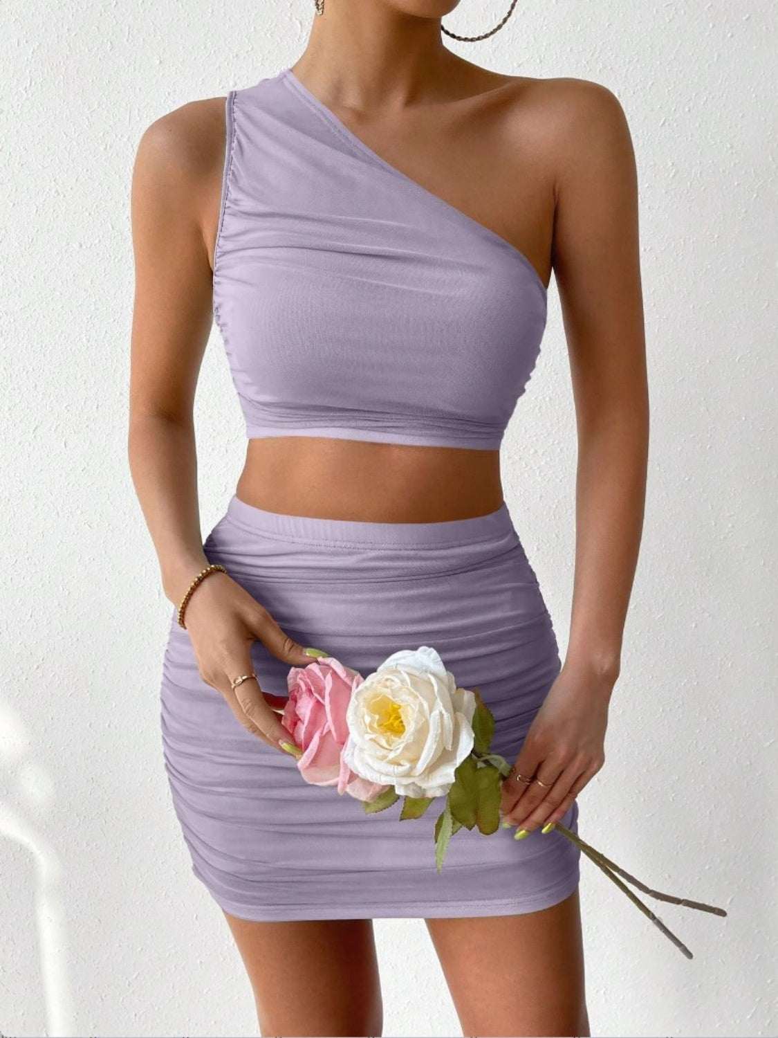 Ruched Single Shoulder Top and Skirt Set Lavender 