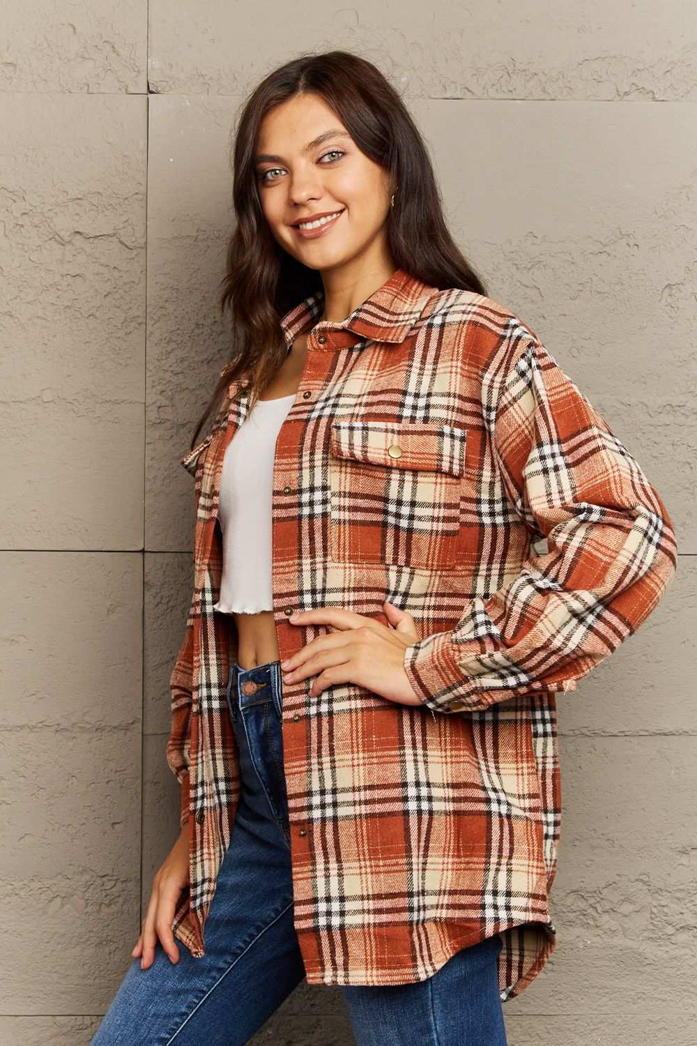 Ninexis Full Size Plaid Collared Neck Button-Down Long Sleeve Jacket Terracotta 