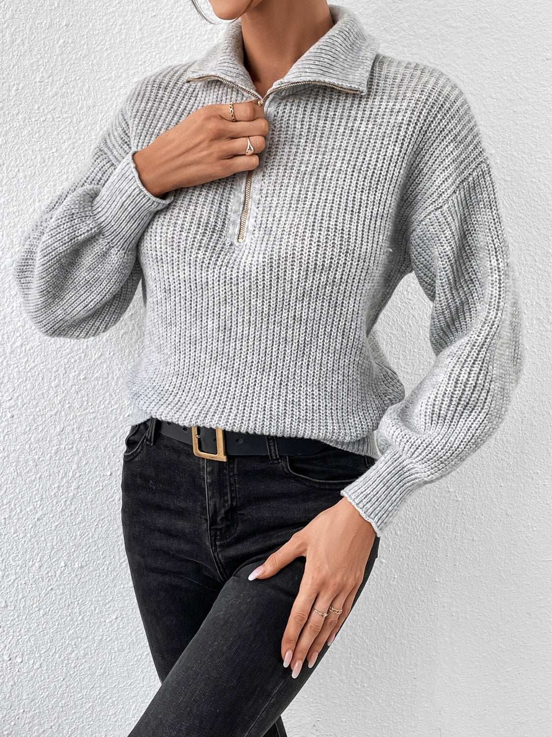 Honey Half Zip Dropped Shoulder Sweater Gray